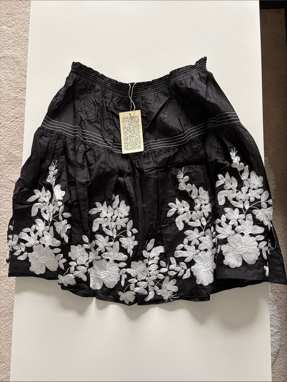 NWT Blue Tassel Black Silk and Cotton Embroidered Skirt Size Medium